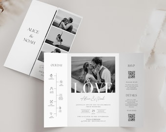 Plantilla minimalista de invitación de boda plegable tipo tríptico, tríptico fotográfico (plantilla para lienzo, descarga instantánea)