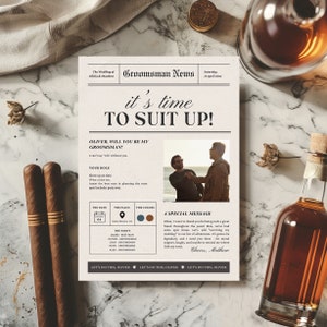 Modèle de proposition de garçon d'honneur de journal Suit Up, proposition du meilleur homme Canva, carte d'informations sur la fête de la mariée, TÉLÉCHARGEMENT IMMÉDIAT