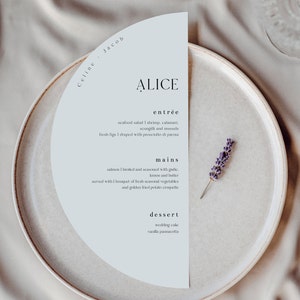 Plantilla de menú de media luna bohemia moderna y conjunto de plantillas de tarjetas de ubicación, menú de semicírculo de Canva, menú de boda de arco, descarga instantánea