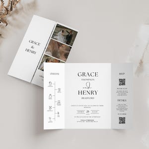 Minimal Photo Gatefold Wedding Invitation Template, Photo Booth Strip Folded Invitation, Canva Template, INSTANT DOWNLOAD