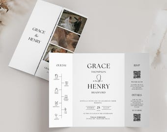Plantilla minimalista de invitación de boda plegable con fotos (Canva, descarga instantánea)