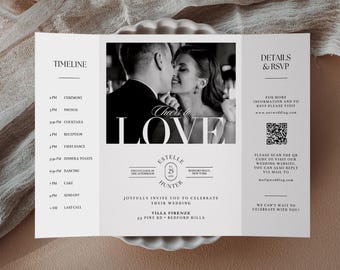Elegante plantilla de invitación de boda con foto, diseño desplegable para Canva (descarga instantánea)