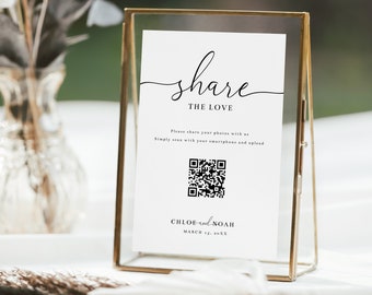 Modern Share the Love QR code Sign Template, Minimalist Wedding Photo, 4 Sizes included, INSTANT DOWNLOAD