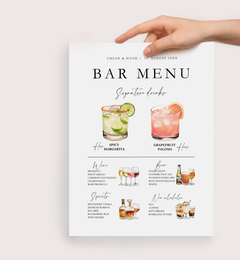 May include: A bar menu with a watercolor illustration of a spicy margarita and a grapefruit paloma. The menu lists wine, spirits, beer, and non-alcoholic options.