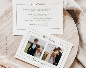 May include: Wedding announcement card with a white background and black text. The card features two photos of a couple in black and white. The text reads "We Tied The Knot" and "June 25th, 2021".