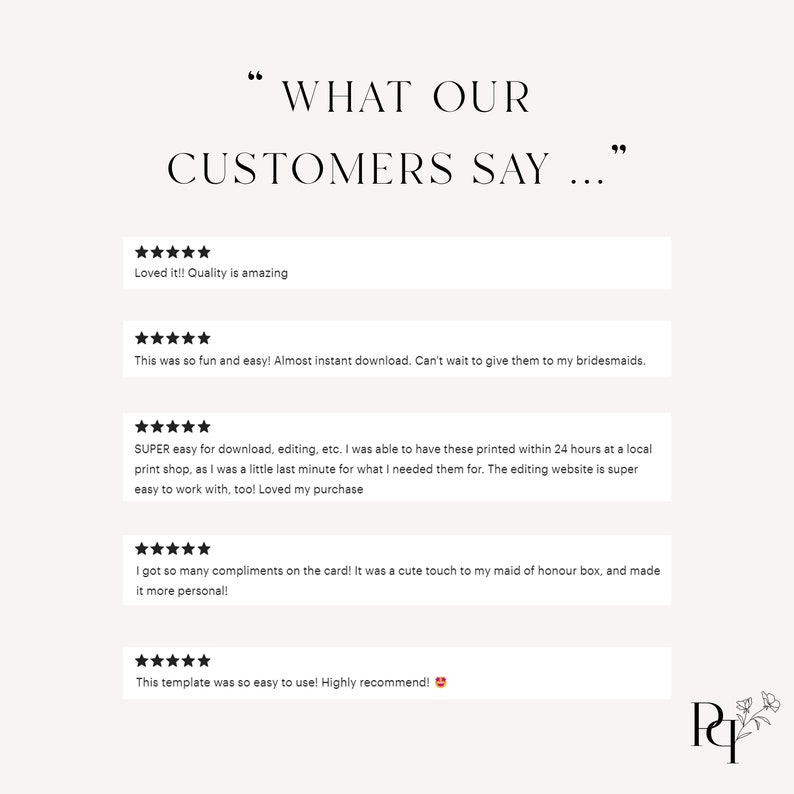 May include: Five customer reviews with five stars each. The reviews highlight the ease of use, quality, and speed of the product. The text includes phrases like "Loved it!" and "Almost instant download."