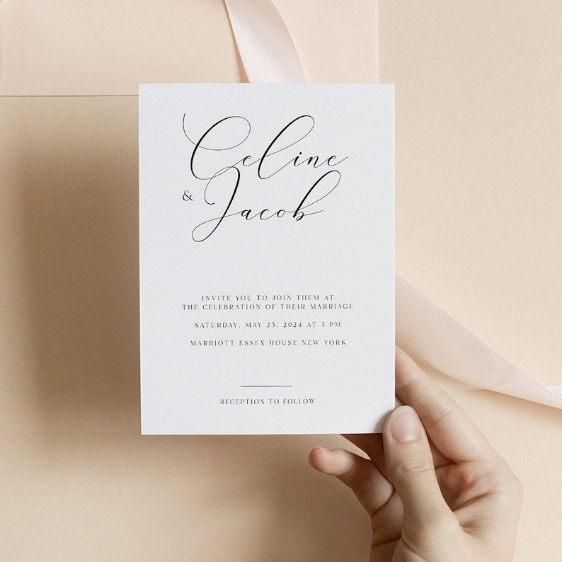 May include: A white wedding invitation card with black text. The card features the names "Geline & Jacob" in elegant cursive script. The invitation details the wedding date, time, and location: "Saturday, May 23, 2024 at 5 PM, Marriott Essex House New York". The text "Reception to follow" is also included.