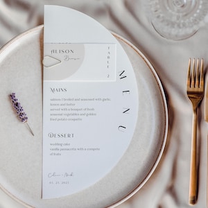 Minimalny szablon menu w kształcie półksiężyca i zestaw szablonów kartek z miejscami, menu w kształcie półkola Canva, menu ślubne w kształcie łuku, natychmiastowe pobieranie
