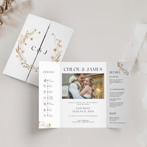 Wildflower Gatefold Wedding Invitation Template, Photo Booth Strip Folded Invitation, Canva Template, INSTANT DOWNLOAD