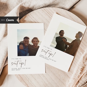 Modèle de carte de proposition « Serez-vous mon garçon d'honneur », photo Suit Up, proposition du meilleur homme, modèle canva, téléchargement immédiat