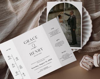 Plantilla de invitación de boda tríptico minimalista: Arch Photo, Canva editable (descarga instantánea)