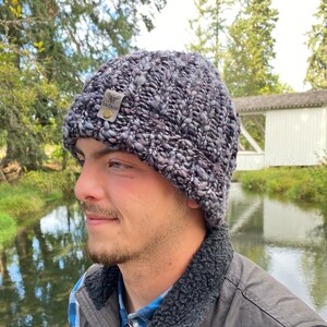 Amazing adult hand knit blue/black hat pure bulky merino wool faux fur pompom unique hygge snow warm/beanie/boho birthday gift/ready to mail