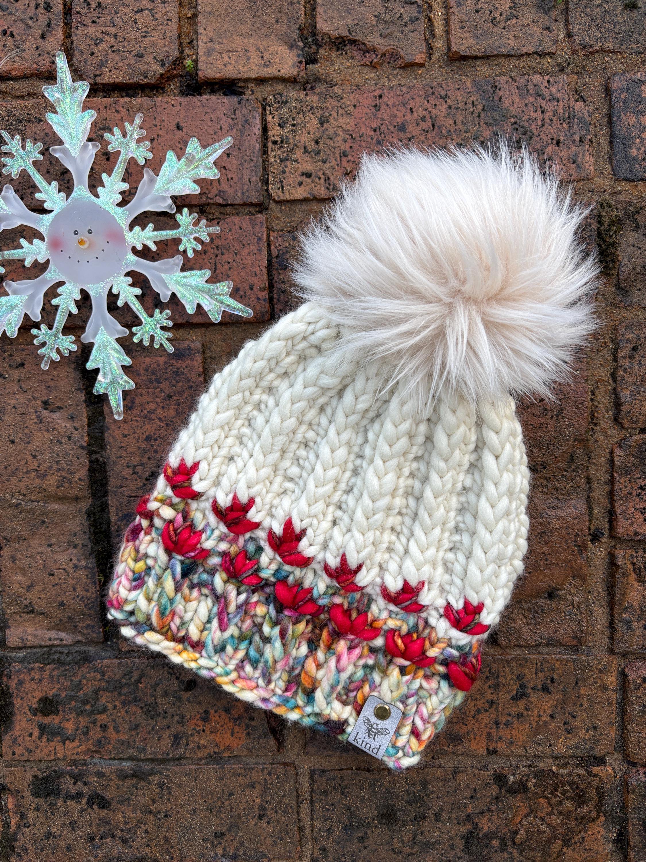 Hand Knit Merino Wool Beanie: Cream, Multi-colored With Faux  display picture 3