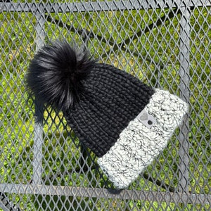 Glam adult beanie black white super bulky pure merino wool faux fur pompom hygge cozy mom spouse slouchy fashion boho gift/ready to mail