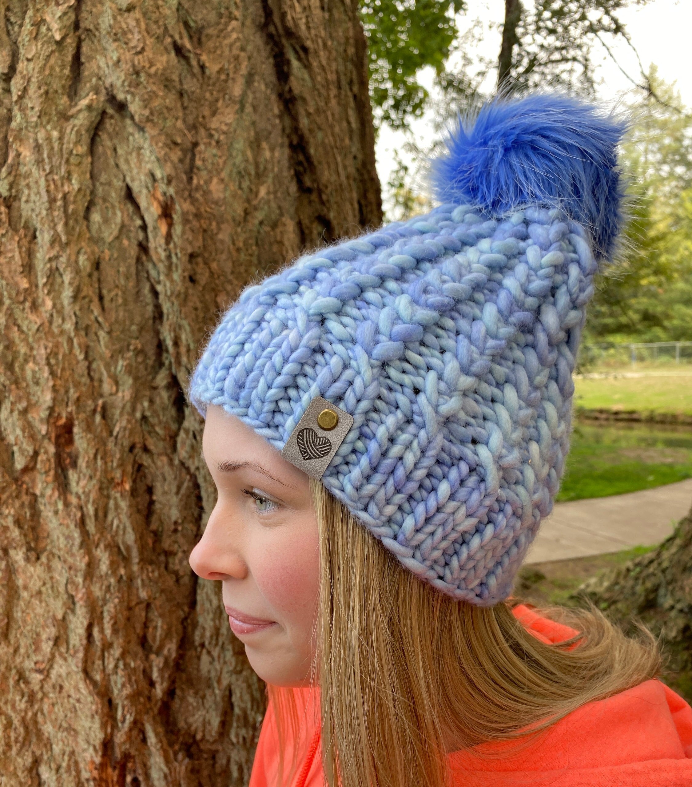 Handknit Merino Wool Hat: Blue Feather Pattern Pompom Beanie Trying out a new pattern! I main image 3