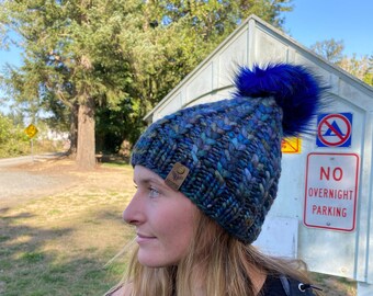 Adorable adult beanie hand knit pure super bulky merino wool faux fur pompom hat covered in blue hearts/boho anniversary gift/ready to mail