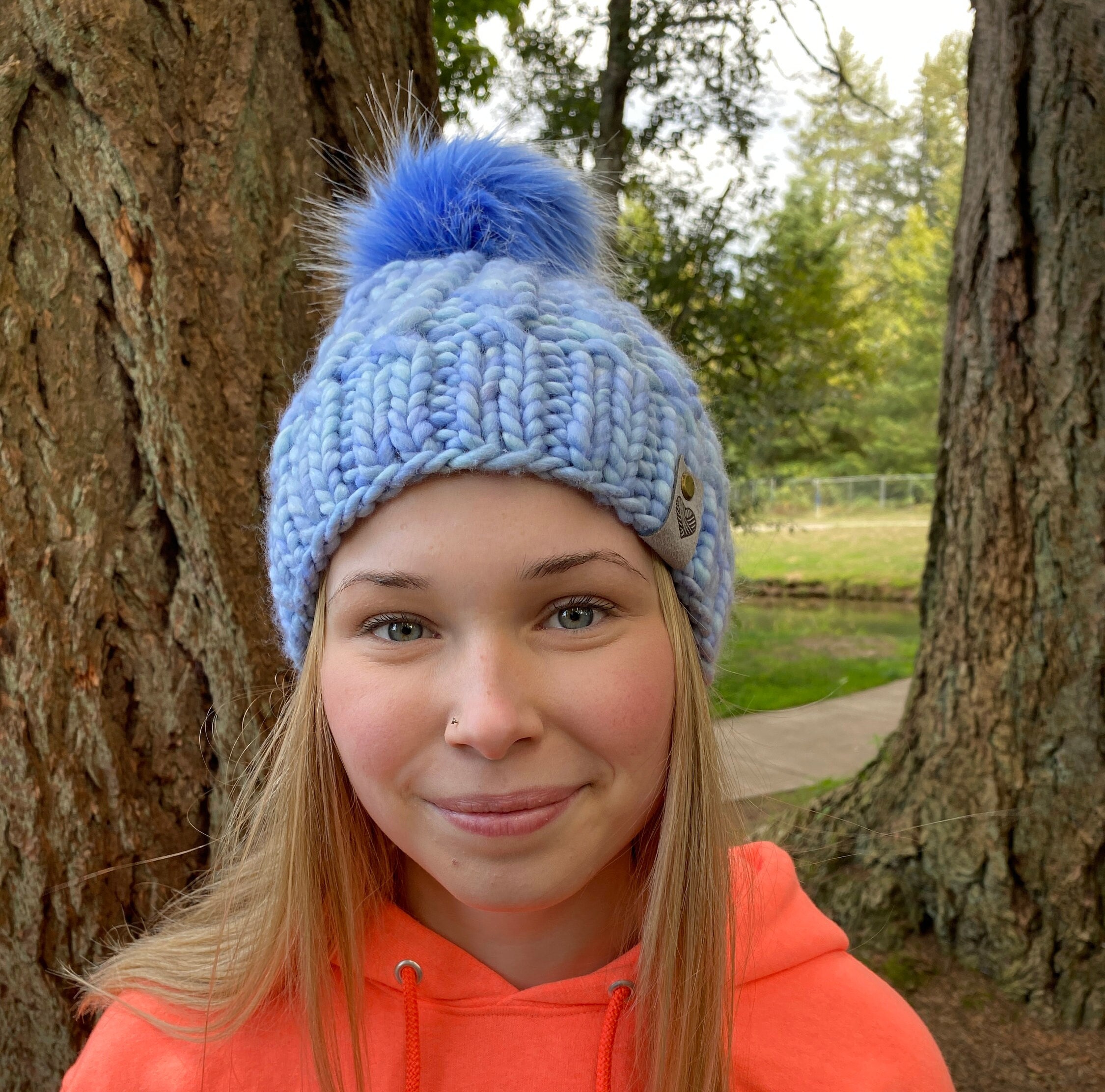 Handknit Merino Wool Hat: Blue Feather Pattern Pompom Beanie Trying out a new pattern! I main image 2