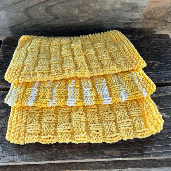 Adorbs yellow hand knit dish/wash cloths sturdy cotton hygge boho hostess gift kitchen mom spouse couple newly wed present/ready to mail