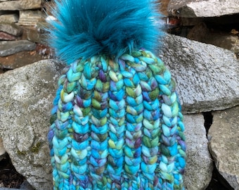 Adorable adult luxury beanie pure super bulky merino wool faux fur pompom unique soft hygge covered in hearts beanie/boho gift/ready to mail