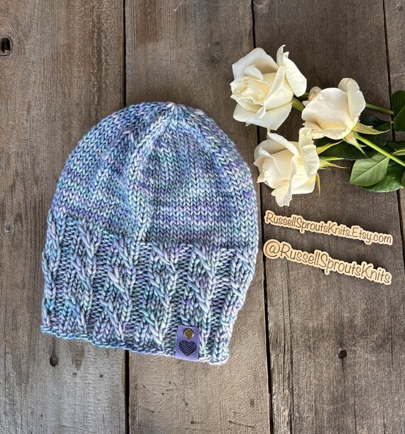 Hand Knit Merino Wool Beanie: Blue Lavender Slouchy Hat With  display picture 2