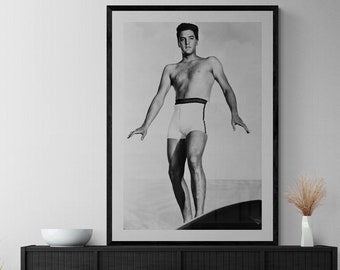 Elvis Presley Shirtless on Surf Board, Black and White - Large Print Wall Decor, Canvas or Print (Framed /Unframed and Mat/No Mat)