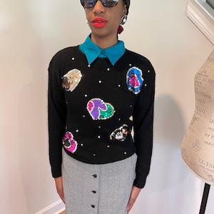 LE CHOIS vintage black and sequin long-sleeve sweater SZ S petite