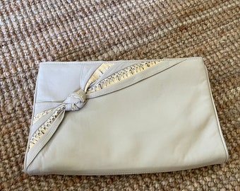 Vintage Leather Clutch with Snakeskin Bow, Made in Italy