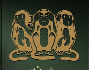 Tres monos sabios: arte mural en metal, escultura minimalista