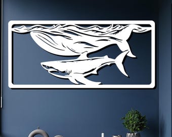 Whale and Shark Metal Wall Art, Coastal Silhouette, Nautical Home Decor