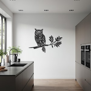 Metal Owl Wall Art, Forest Branch Decor, Geometric Bird Silhouette, Animal Wall Hanging, Rustic Nature Wall Sculpture For Kitchen Or Entry