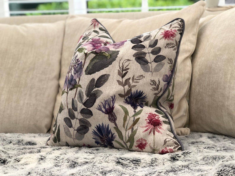 Pretty Floral pillow cover pink/purple neutral cushion cover custom pipings & sizes available image 3