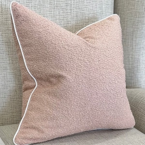 Rose pink boucle pillow cover with white piped edge - luxury textured cushion cover - sofa - bed - accent cushion - nursery decor