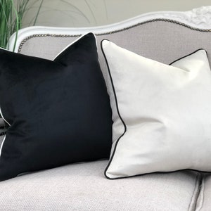Off white/ivory and black cushion cover | monochrome | velvet | piped pillow cover | luxury | modern | contemporary | large | contrast trim