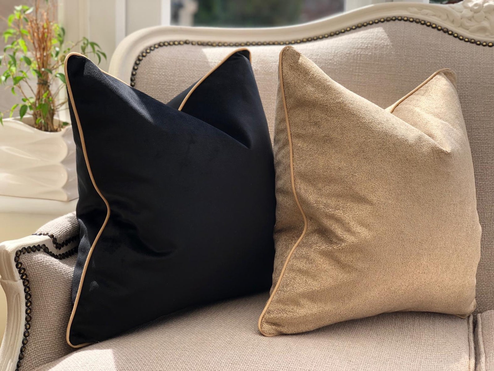 Black Velvet Cushion Cover With White Piped Edge 9 Colour Etsy