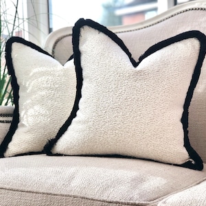 Ivory white boucle cushion pillow cover with black fringed edge/trim | other size & fringe colours available - home decor