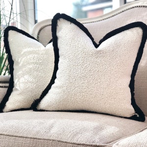 Ivory white boucle cushion pillow cover with black fringed edge/trim | other size & fringe colours available - home decor