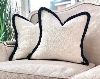 Ivory white boucle cushion pillow cover with black fringed edge/trim | other size & fringe colours available - home decor
