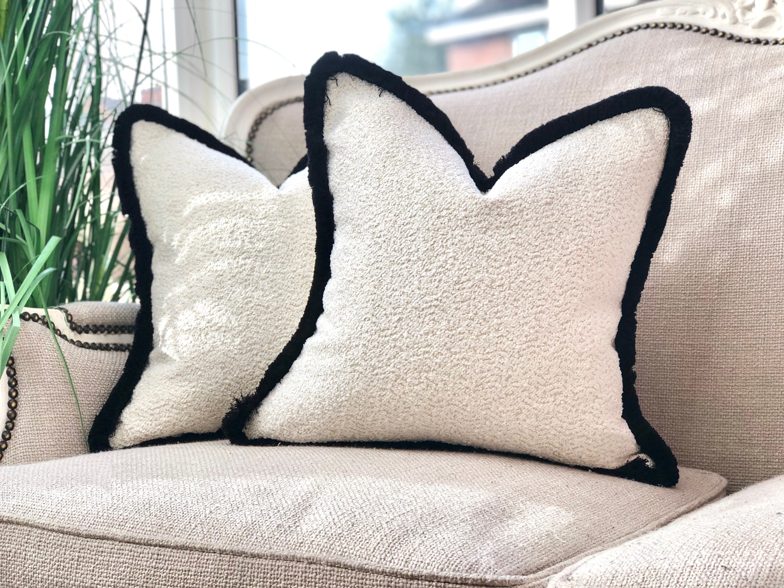 Ivory White Boucle Cushion Pillow Cover With Black Fringed Edge trim Other Size Fringe Colours Available Home Decor Etsy UK