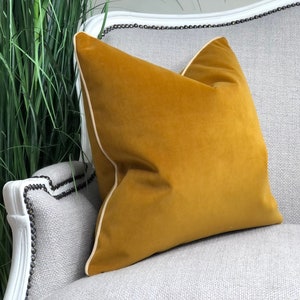 Mustard cushion cover with blue piping - plain mustard/gold velvet pillow cover - house warming gift