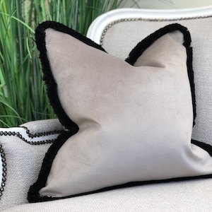 Luxury Pebble grey velvet cushion COVER with black fringe trim, grey throw pillows, 16x16, 18x18, 20x20, 22x22, 24x24, 26x26, all sizes