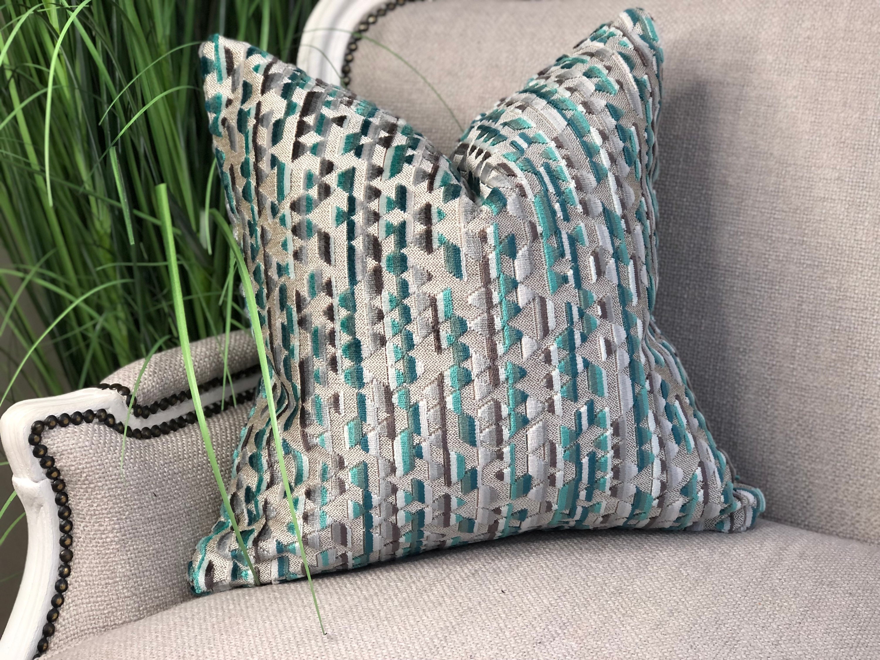 Teal Geometric Cushion Cover Teal Patterned Pillow Cover Etsy