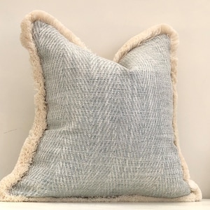 Sea glass blue Herringbone cushion cover | luxury pillows with fringe trim | high quality Warwick fabric | neutral, costal home decor