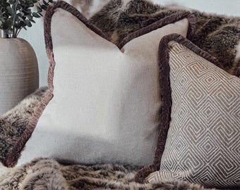 Greige Plain Cushion Cover with Beige fringed Trim - Bespoke, Luxury Throw Pillow