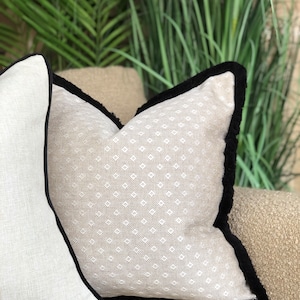beige tan pillow COVER, neutral cushions,black  fringed throw pillows, 40x40, 45x45, 50x50, 55x55, 60x60, 65x65 ALL SIZES