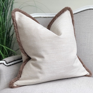 Neutral textured cushion cover with warm taupe fringe | | luxury | country | lumbar | throw pillow cove| | 12” x 18” (30cm x 45cm)
