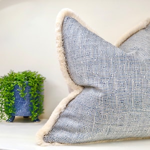 Blue patterned cushion cover | luxury pillows with fringe trim | high quality Warwick fabric | costal home decor