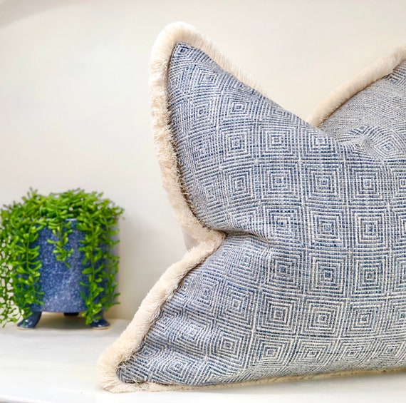 Blue Patterned Cushion Cover Luxury Pillows With Fringe Trim High Quality Warwick Fabric Costal Home Decor Etsy
