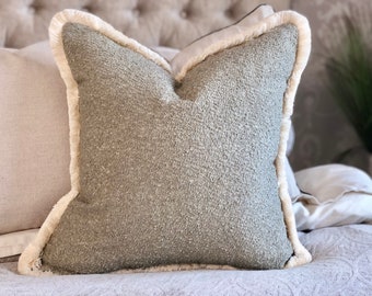 Sage Green Boucle cushion cover | boucle pillow cover | textured neutral cushions |Cushion with fringe | modern farmhouse decor |