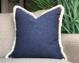 Navy Blue Boucle cushion cover with fringe trim | boucle throw pillow cover | luxury cushions | modern decor |