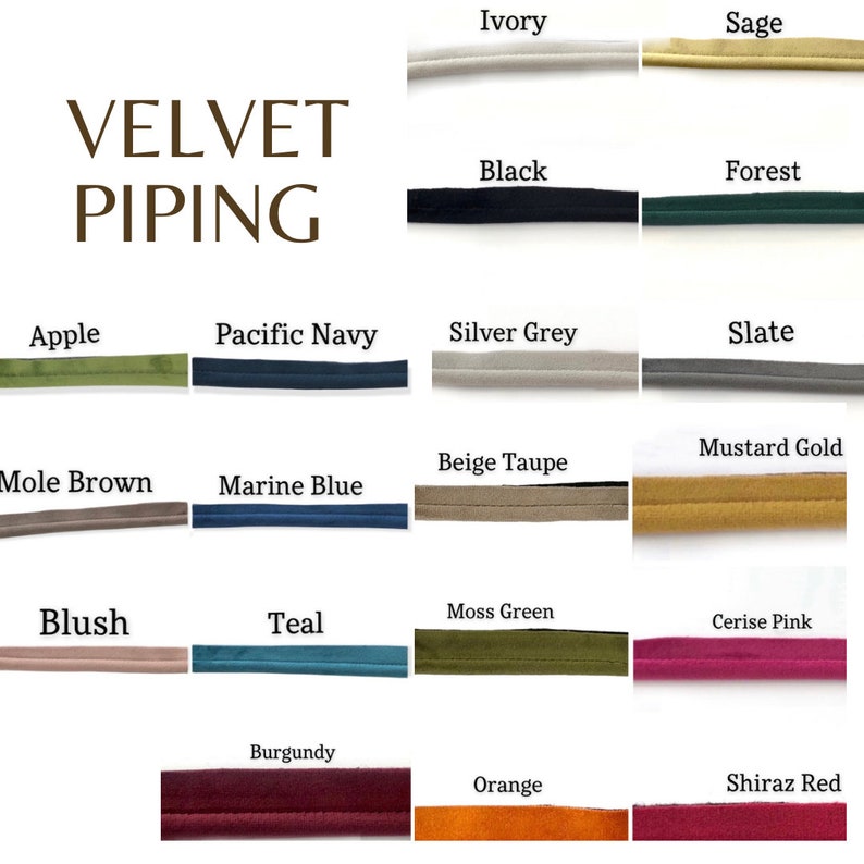 a bunch of different colors of velvet piping